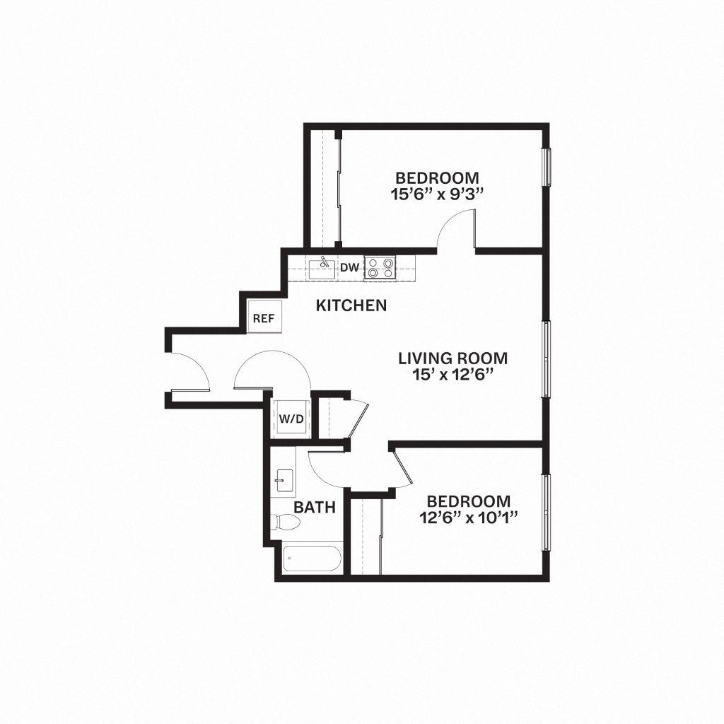 Floor plan for 2 beds, 1 bath, 846 sqft
